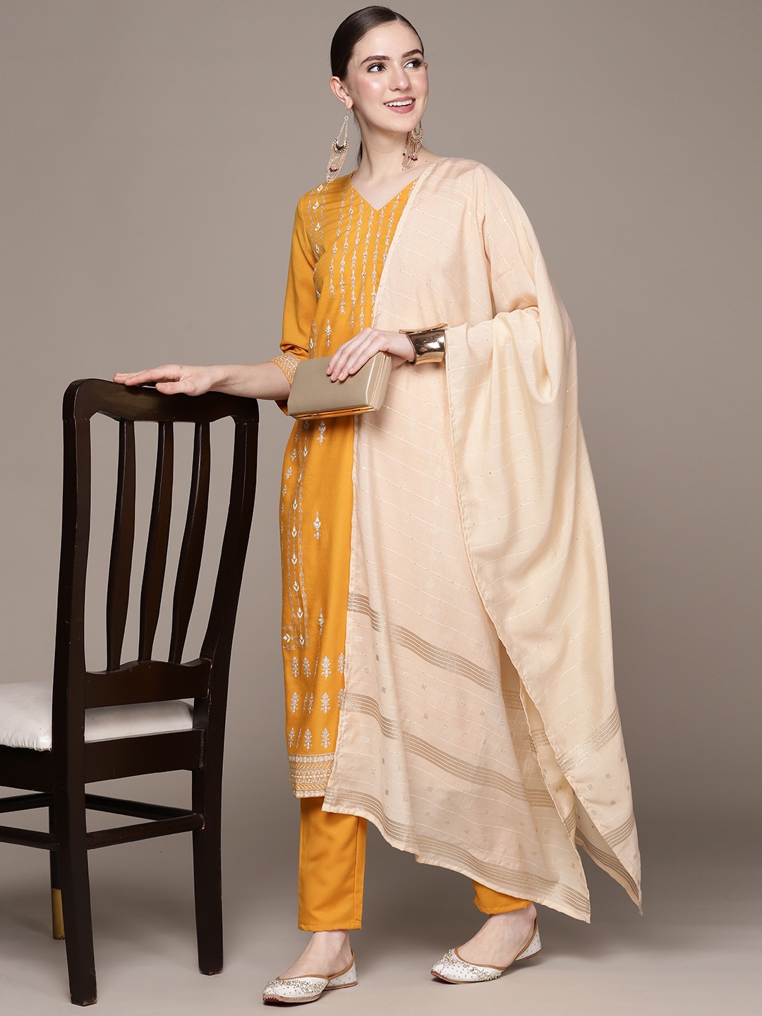 

ZIYAA Women Ethnic Motifs Embroidered Thread Work Kurta with Trousers & With Dupatta, Mustard