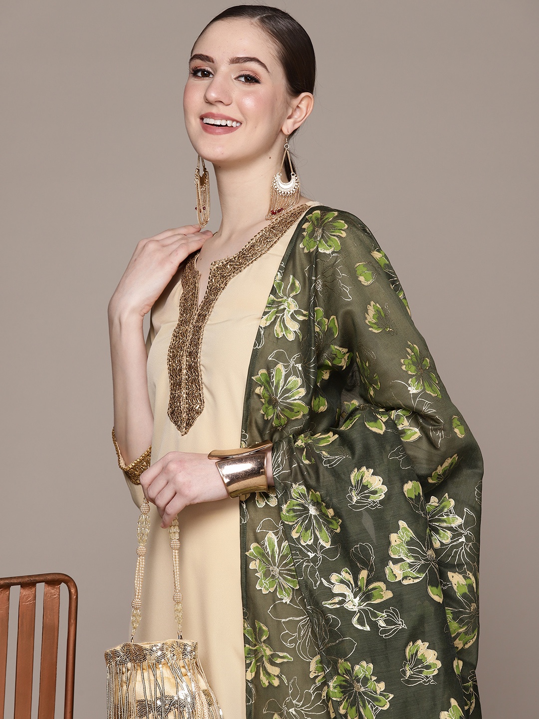 

ZIYAA Women Embroidered Beads and Stones Kurta with Trousers & With Dupatta, Cream