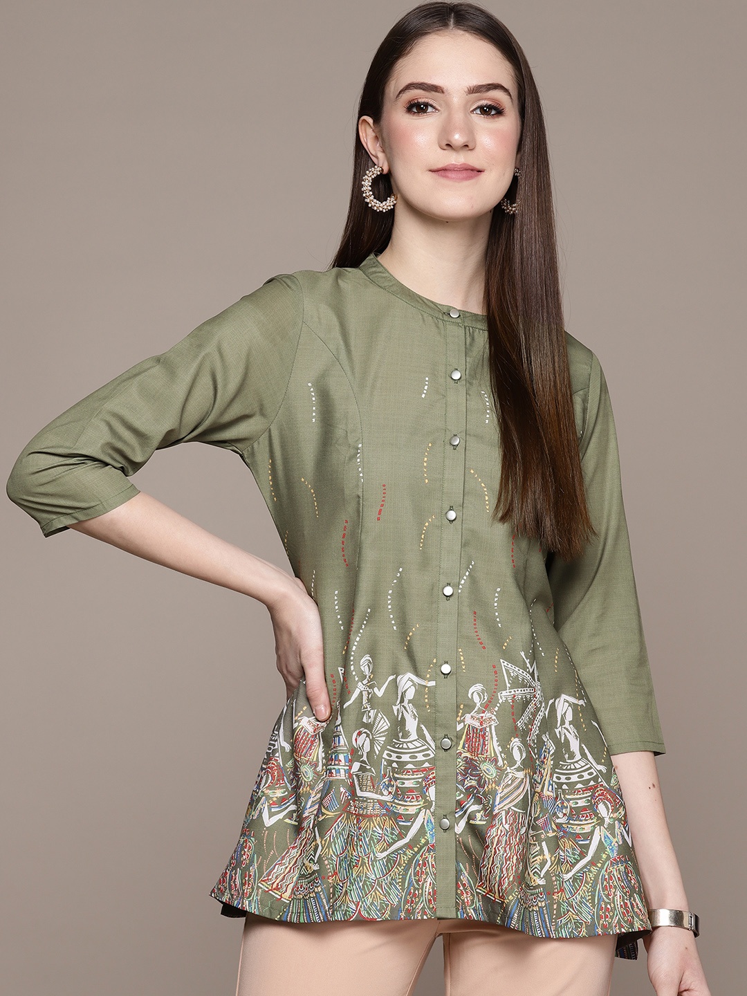 

ZIYAA Mandarin Collar Crepe Printed Tunic, Olive