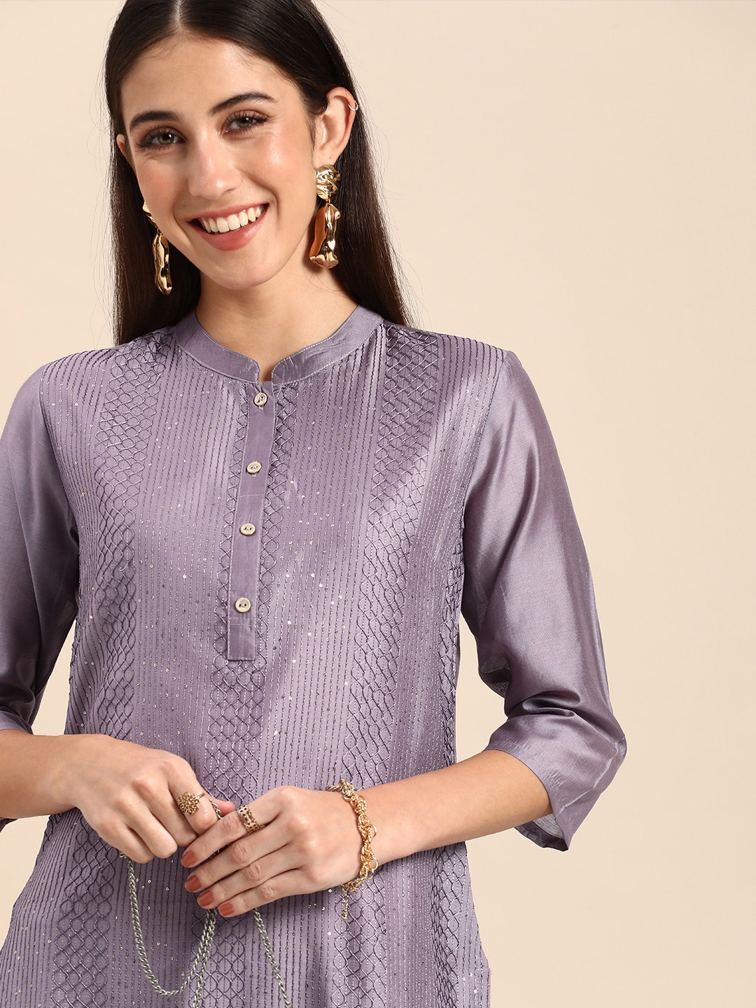 

Anouk Women Embroidered Sequinned Kurta With Trousers, Purple