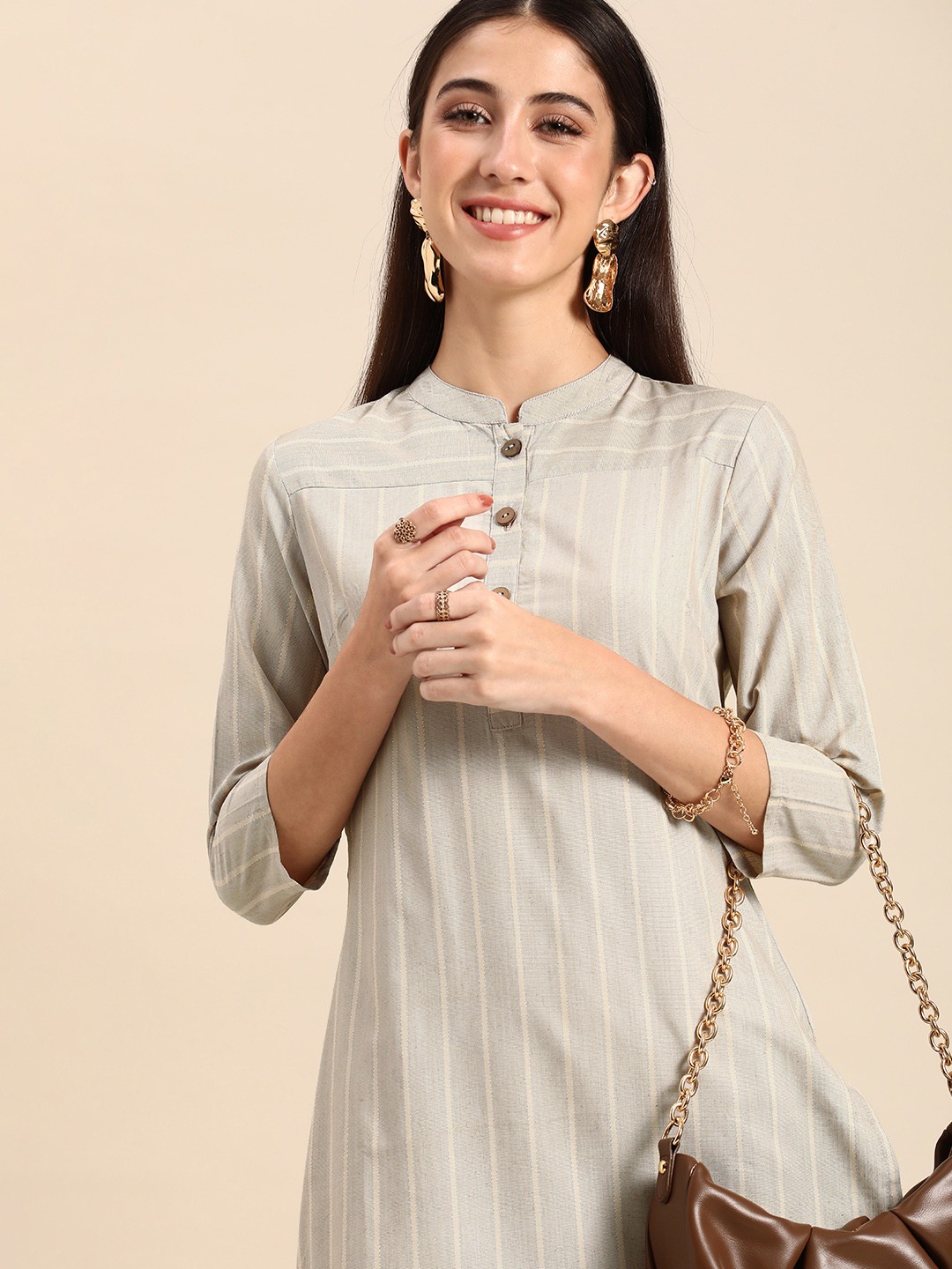 

Anouk Women Striped Thread Work Kurta With Trousers, Beige