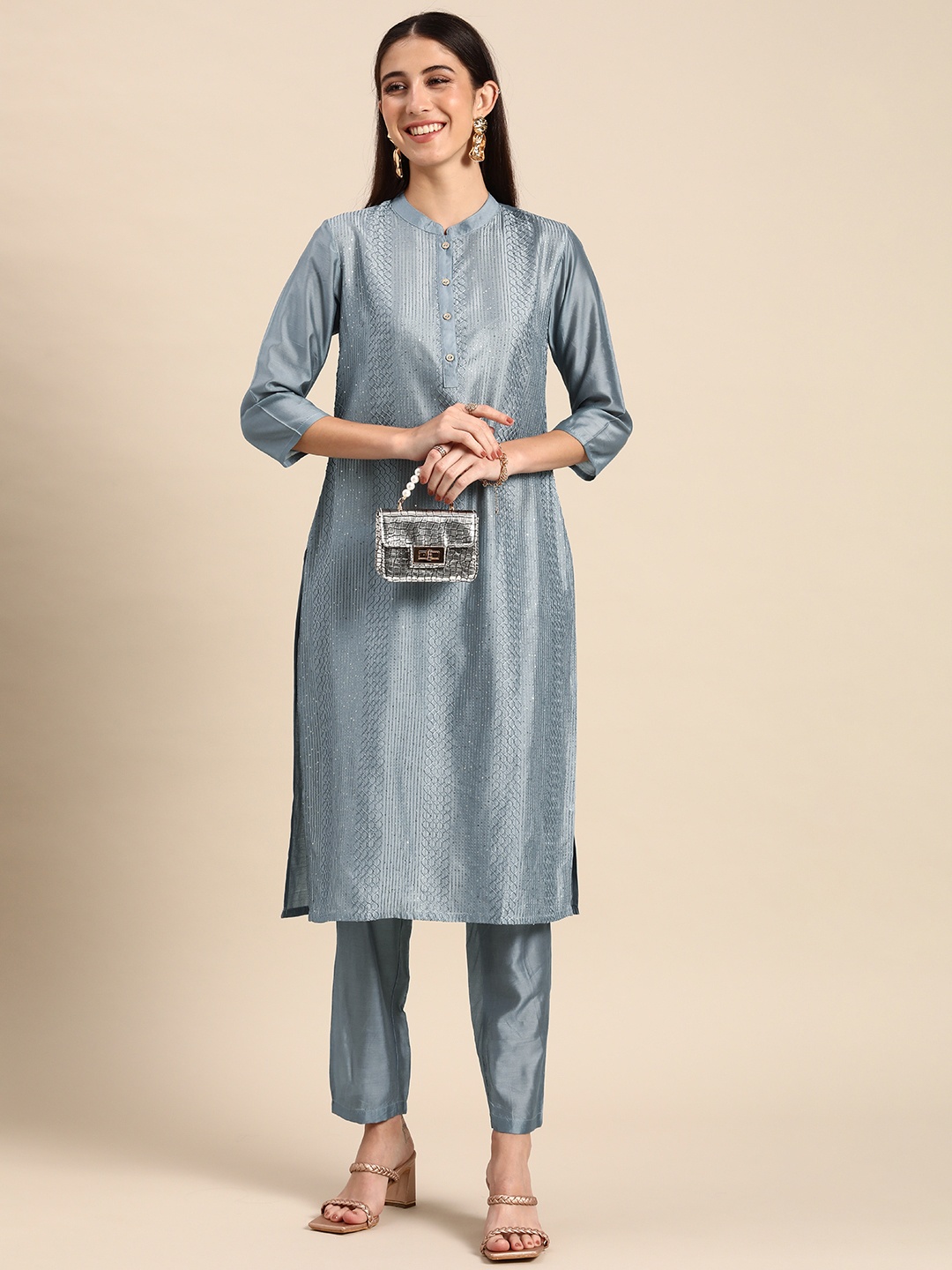 

Anouk Women Embroidered Sequinned Kurta With Trousers, Blue