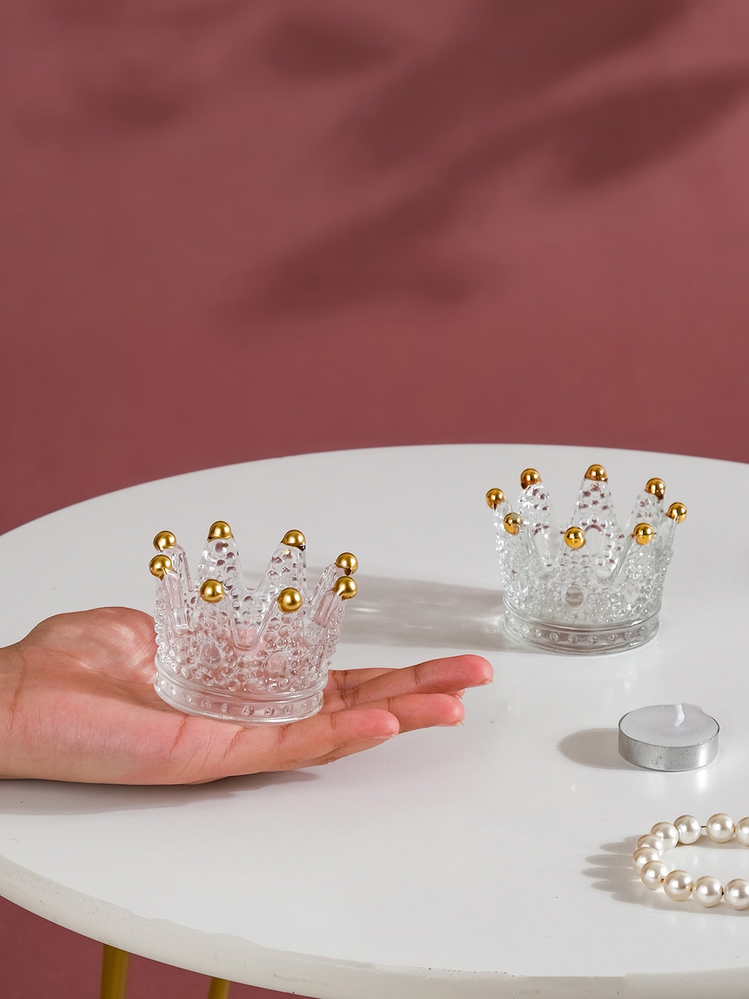 

Nestasia Set Of 2 Transparent Glass Crown Tealight Holders