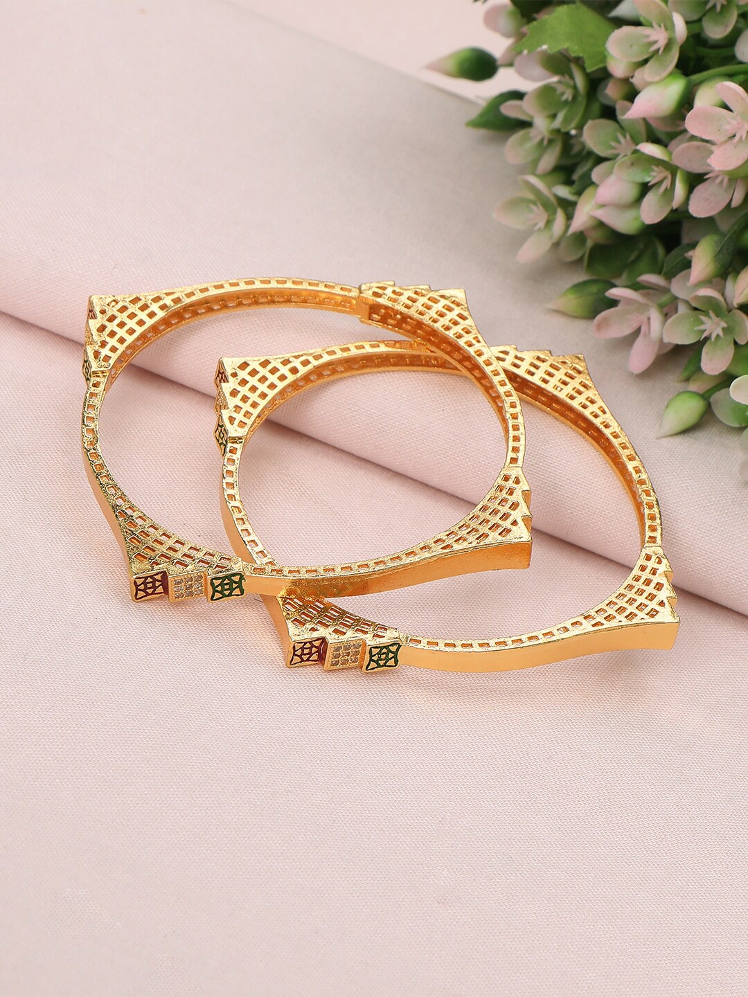 

AccessHer Set Of 2 Gold-Plated Stone Studded Enemalled Bangles