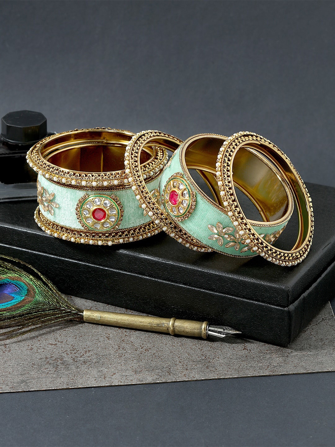 

AccessHer Set Of 6 Gold-Plated Kundan-Studded Bangles, Sea green