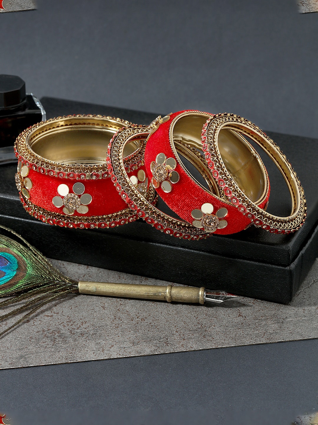 

AccessHer Set of 6 Gold-Plated Stone-Studded & Mirror Bangles, Red