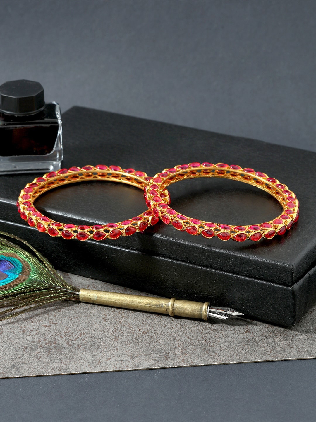 

AccessHer Set Of 2 Gold-Plated Stone-Studded Bangles, Pink