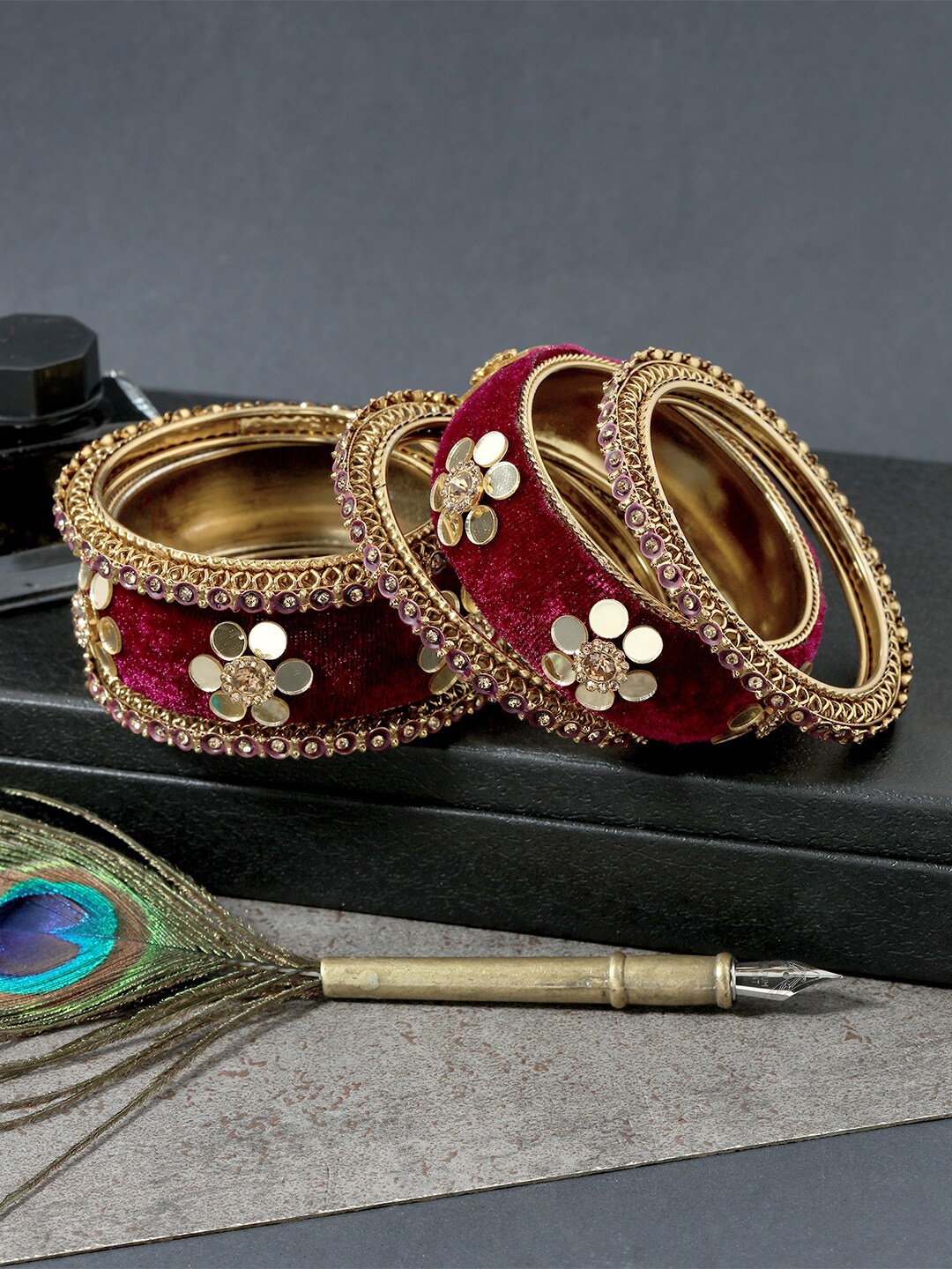 

AccessHer Set Of 6 Gold-Plated Mirror-Studded Bangles, Maroon