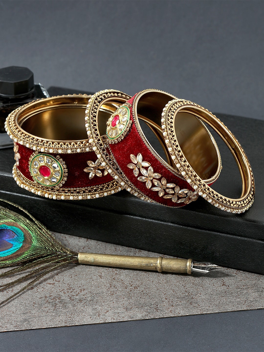 

AccessHer Set Of 6 Gold-Plated Kundan-Studded Bangles, Maroon