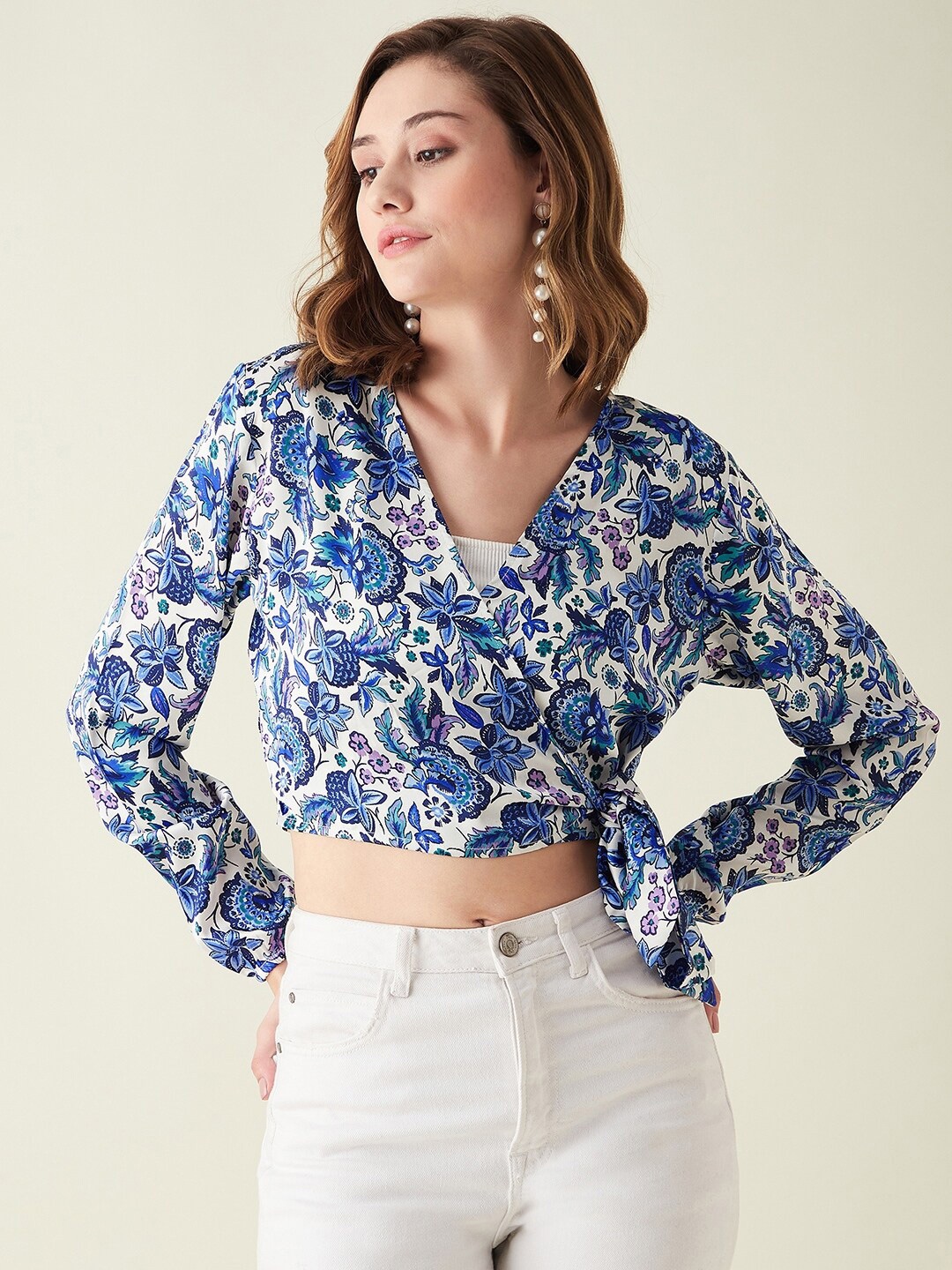

JUNE & HARRY Floral Printed Satin Wrap Crop Top, Blue