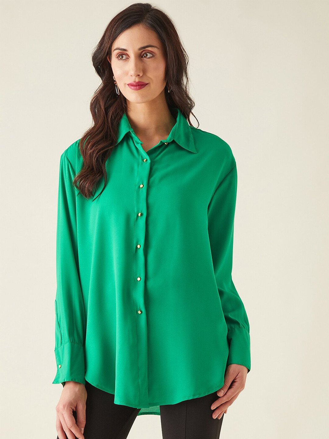 

JUNE & HARRY Women Solid Satin Tailored Fit Casual Shirt, Green
