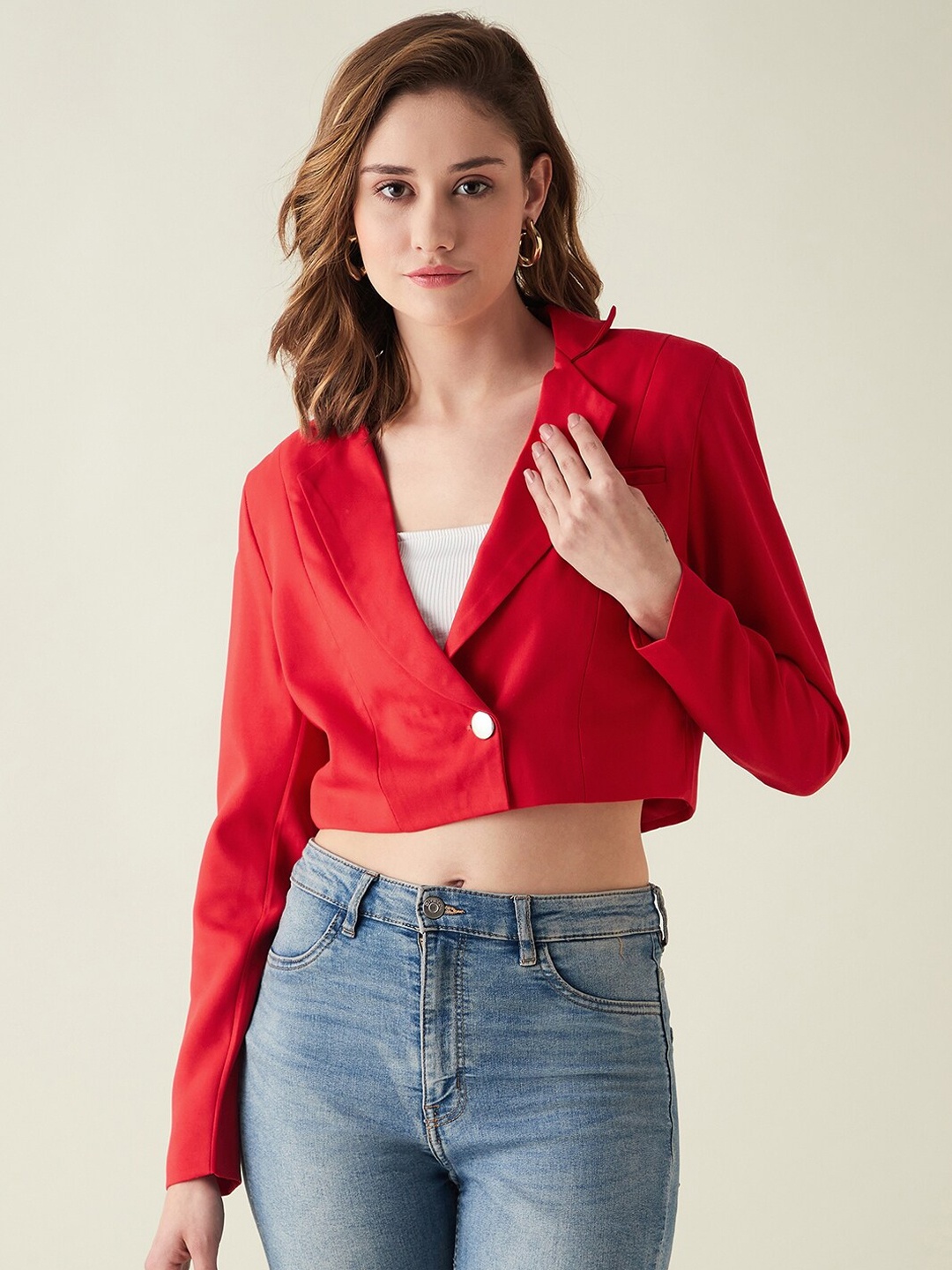 

JUNE & HARRY Women Single-Breasted Tailored-Fit Crop Blazer, Red
