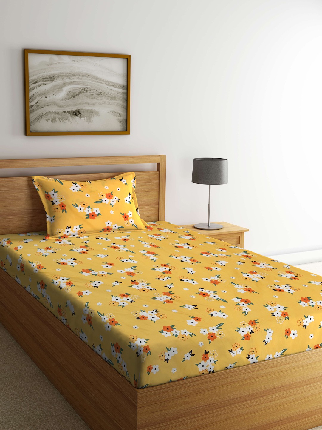 KLOTTHE Yellow & White Floral 300 TC Fitted Single Bedsheet with 1 Pillow Cover