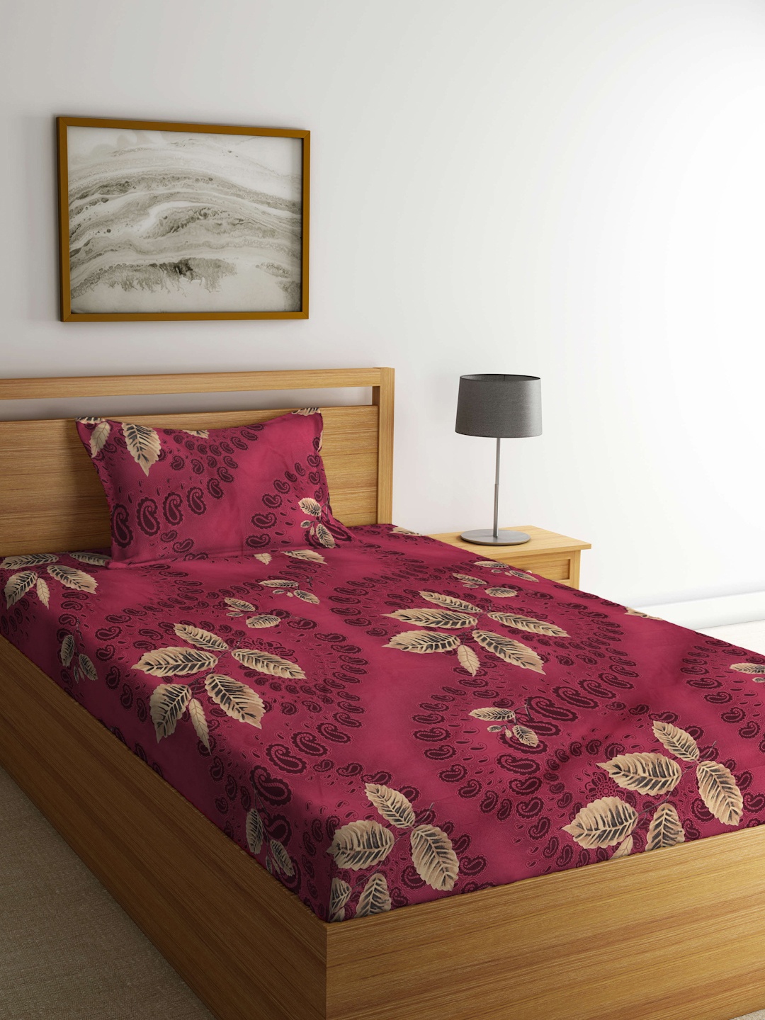 KLOTTHE Red & Beige Floral 300 TC Fitted Single Bedsheet with 1 Pillow Cover