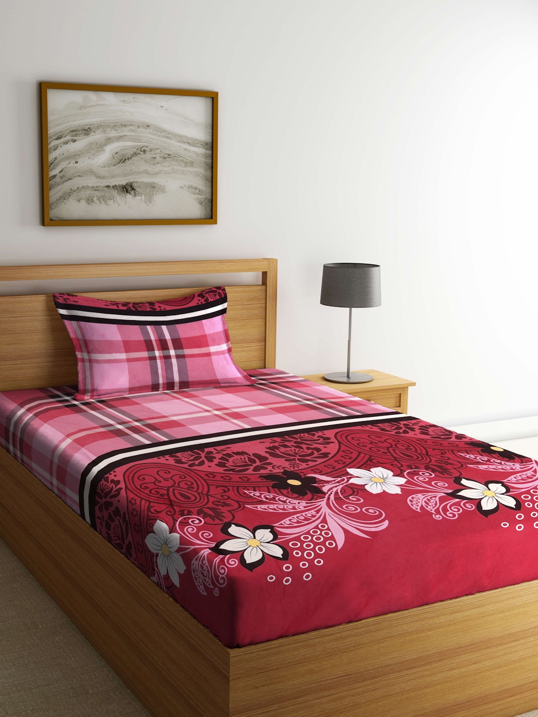 

KLOTTHE Red & White Floral 300 TC Fitted Single Bedsheet with 1 Pillow Cover