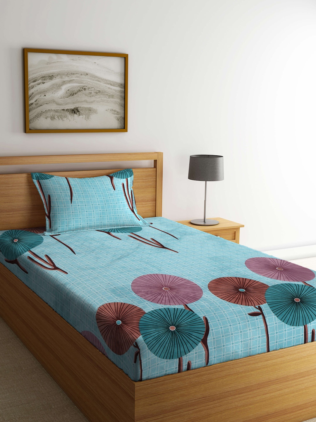 

KLOTTHE Blue & Red Floral 300 TC Fitted Single Bedsheet with 1 Pillow Cover