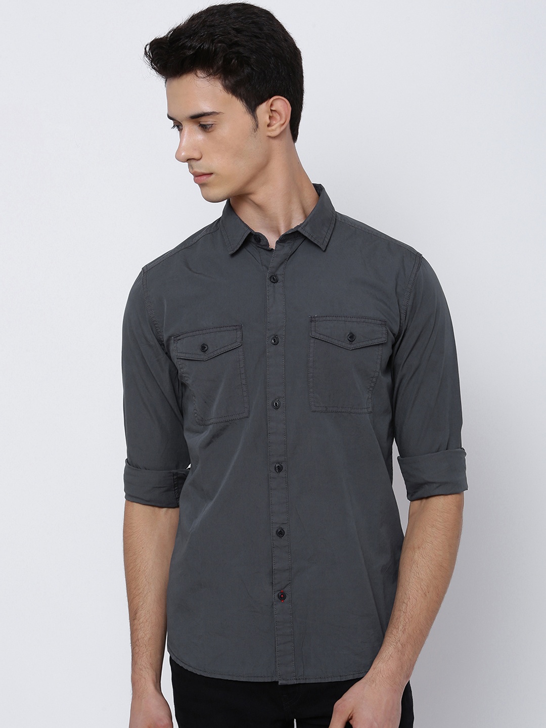 

LOCOMOTIVE Men Grey Slim Fit Solid Casual Shirt