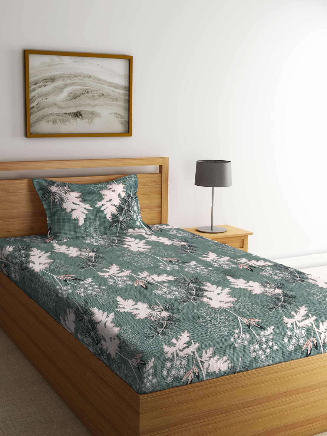 

KLOTTHE Green & White Floral 300 TC Fitted Single Bedsheet with 1 Pillow Cover