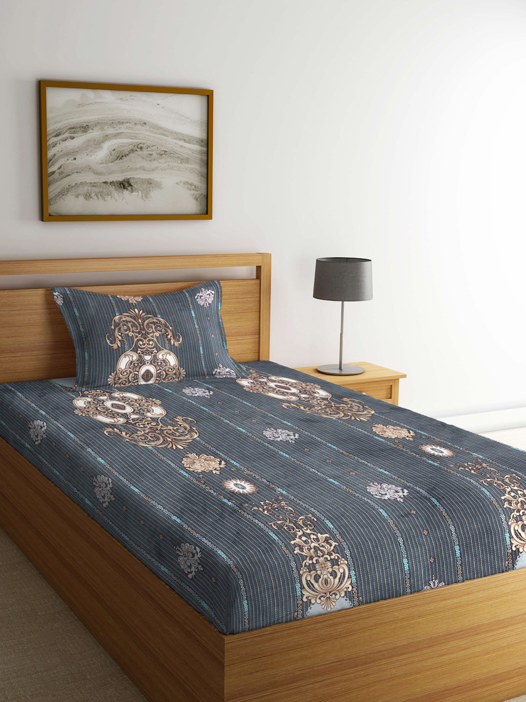 

KLOTTHE Grey & Beige Floral Printed 300 TC Fitted Single Bedsheet with Pillow Cover