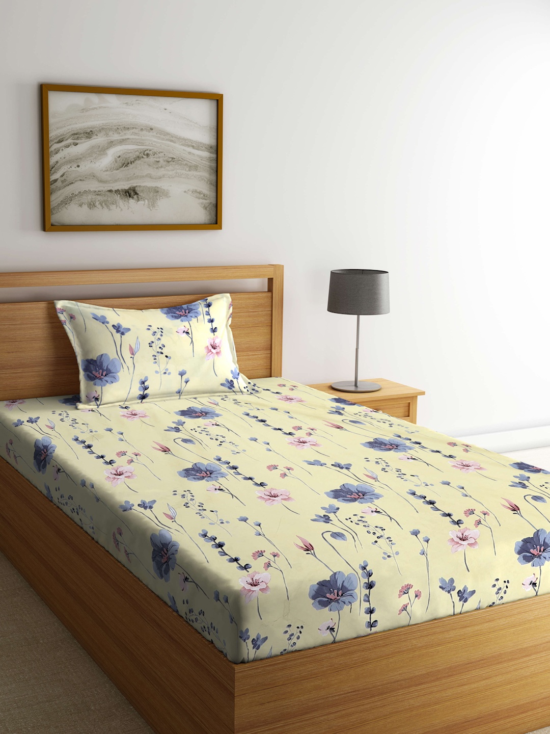 

KLOTTHE Yellow & Blue Floral Printed 300 TC Fitted Single Bedsheet with Pillow Cover