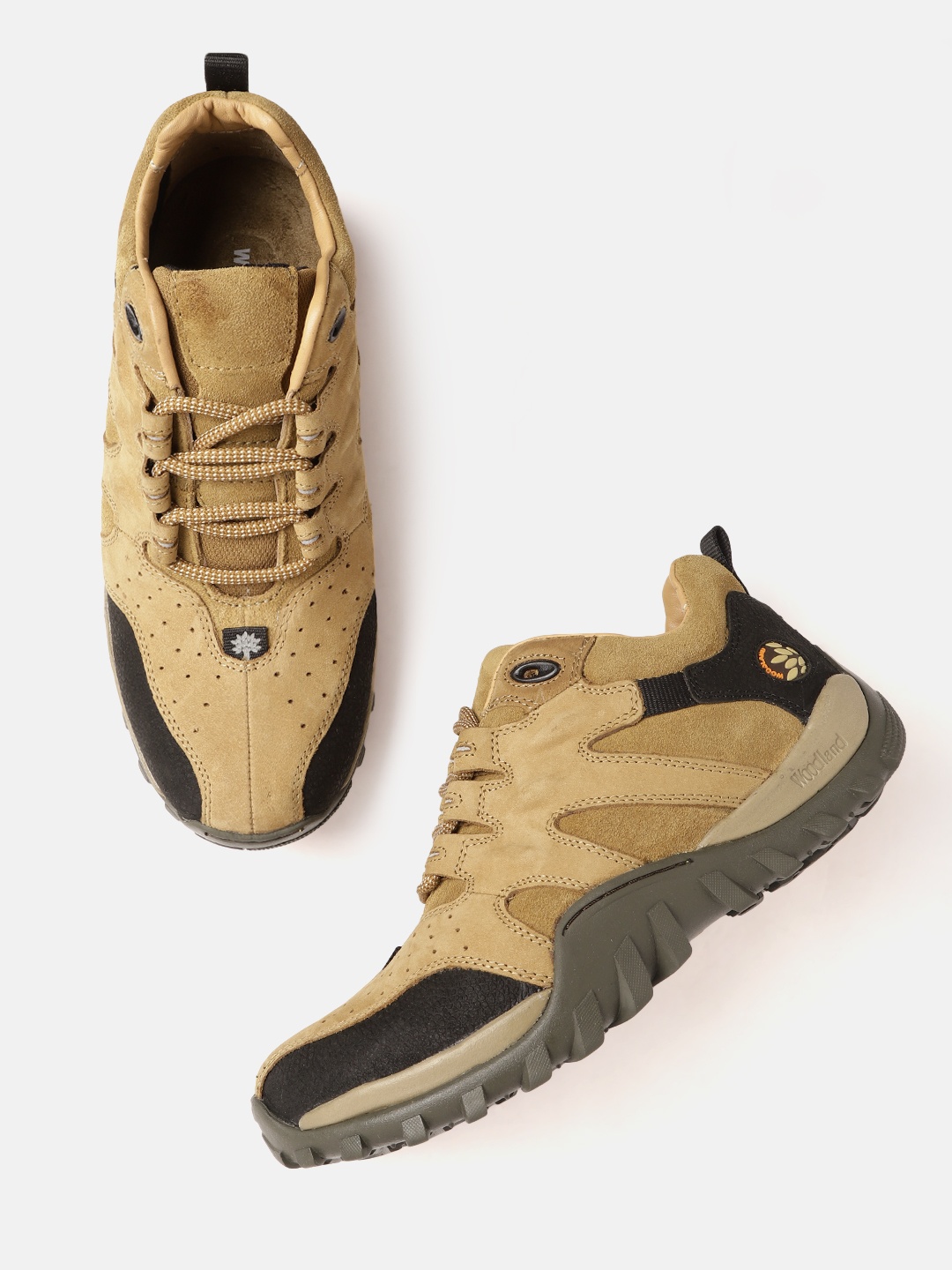 

Woodland Men Colourblocked Perforated Leather Sneakers, Camel brown