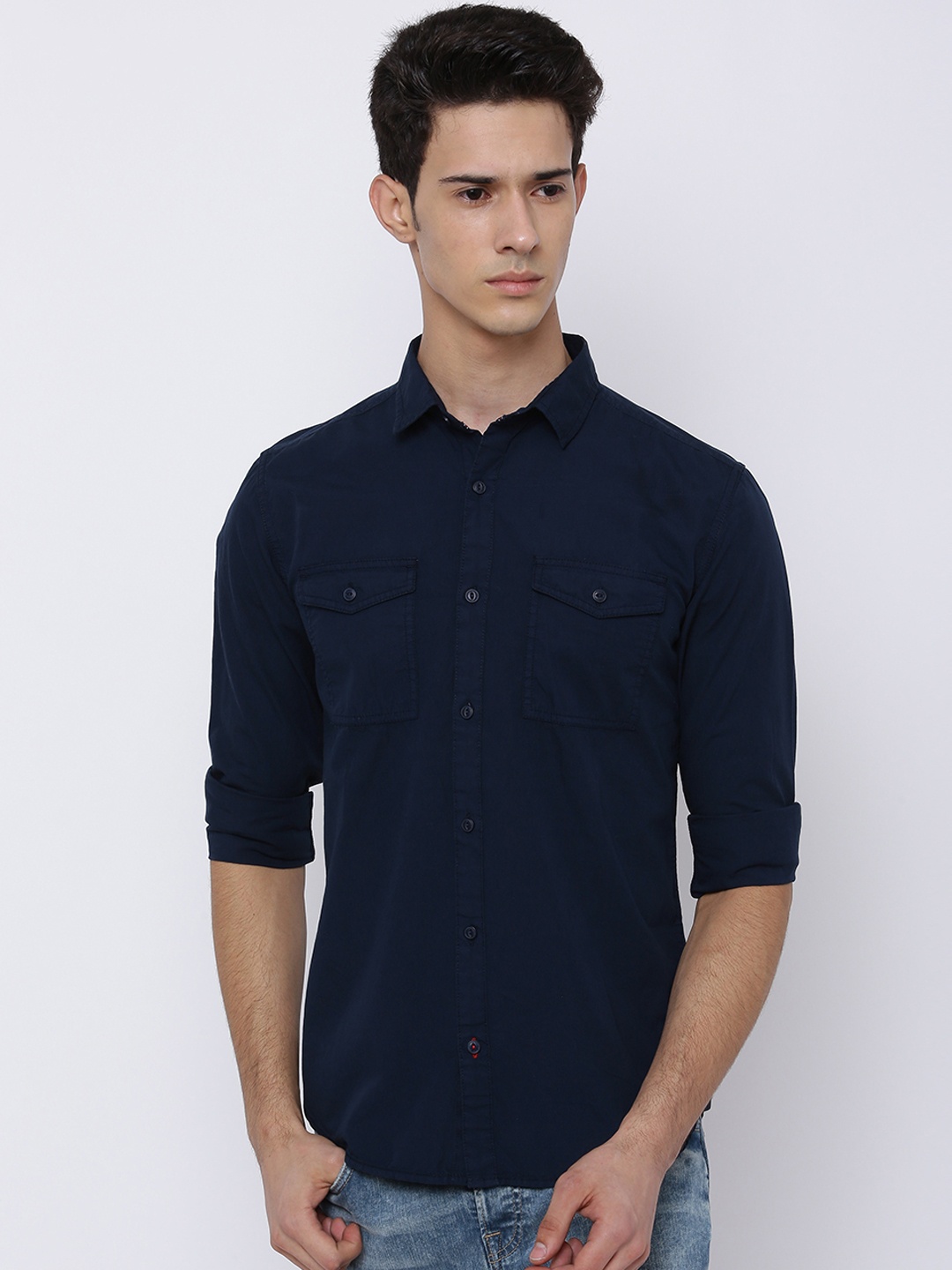 

LOCOMOTIVE Men Navy Blue Slim Fit Solid Casual Shirt