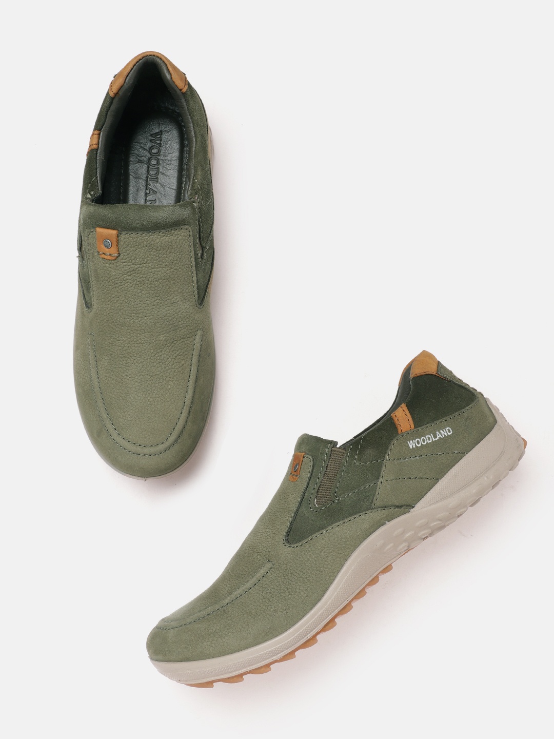 

Woodland Men Leather Slip-On Sneakers, Olive