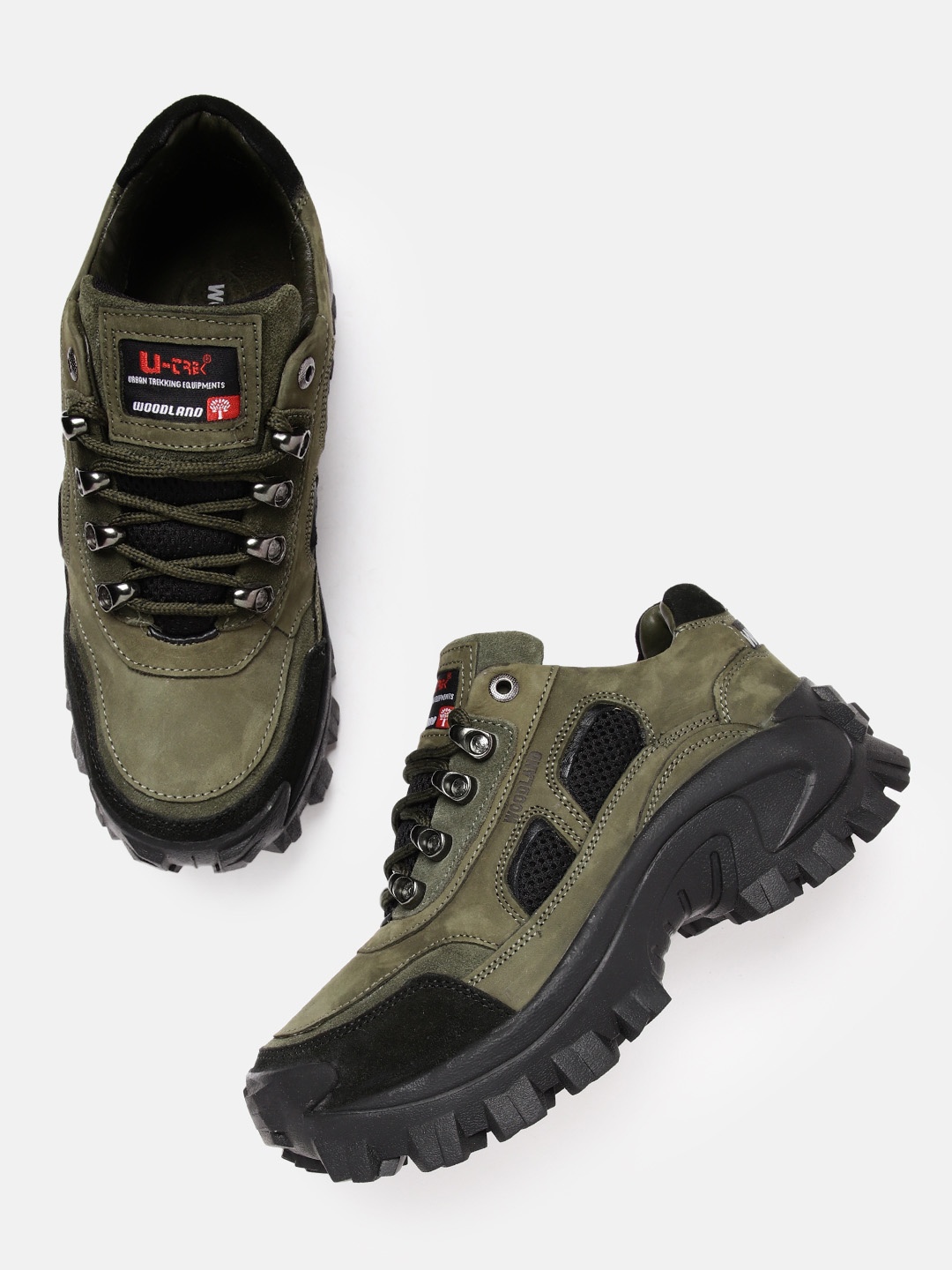 

Woodland Men Colourblocked Leather Trekking Shoes, Olive