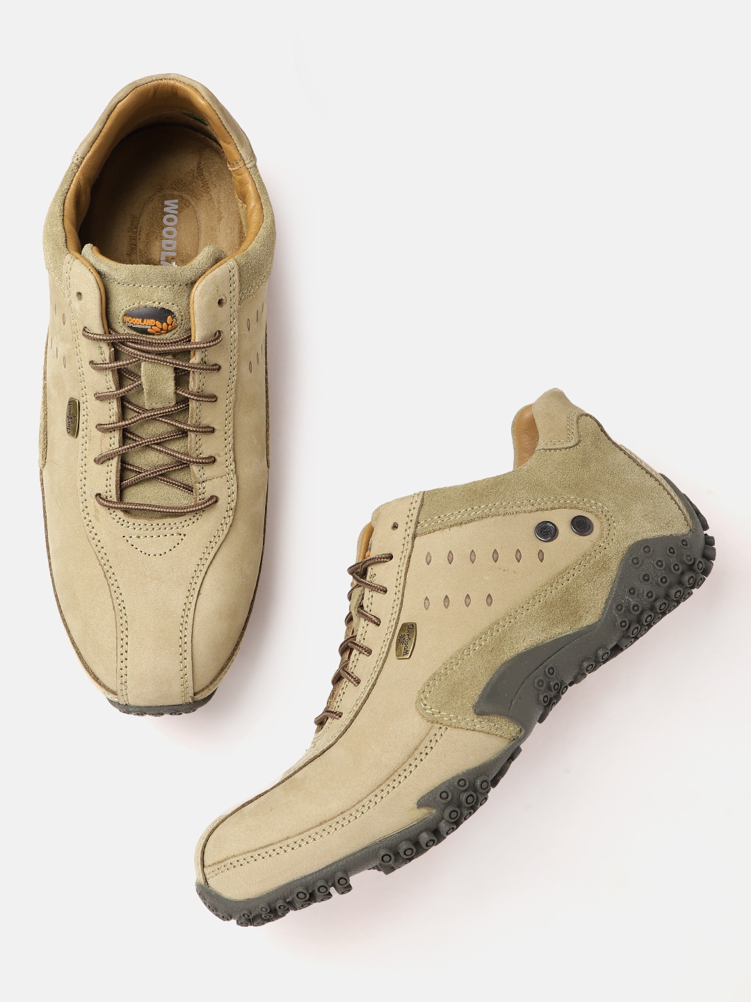 

Woodland Men Round-Toe Leather Sneakers, Khaki