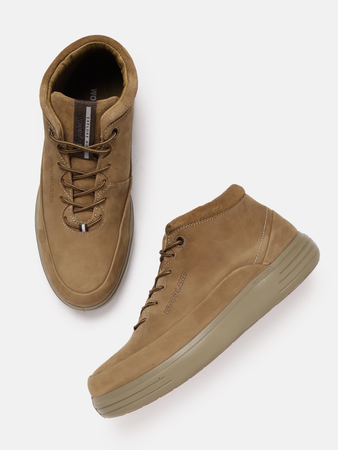 

Woodland Men Leather Mid-Top Sneakers, Camel brown