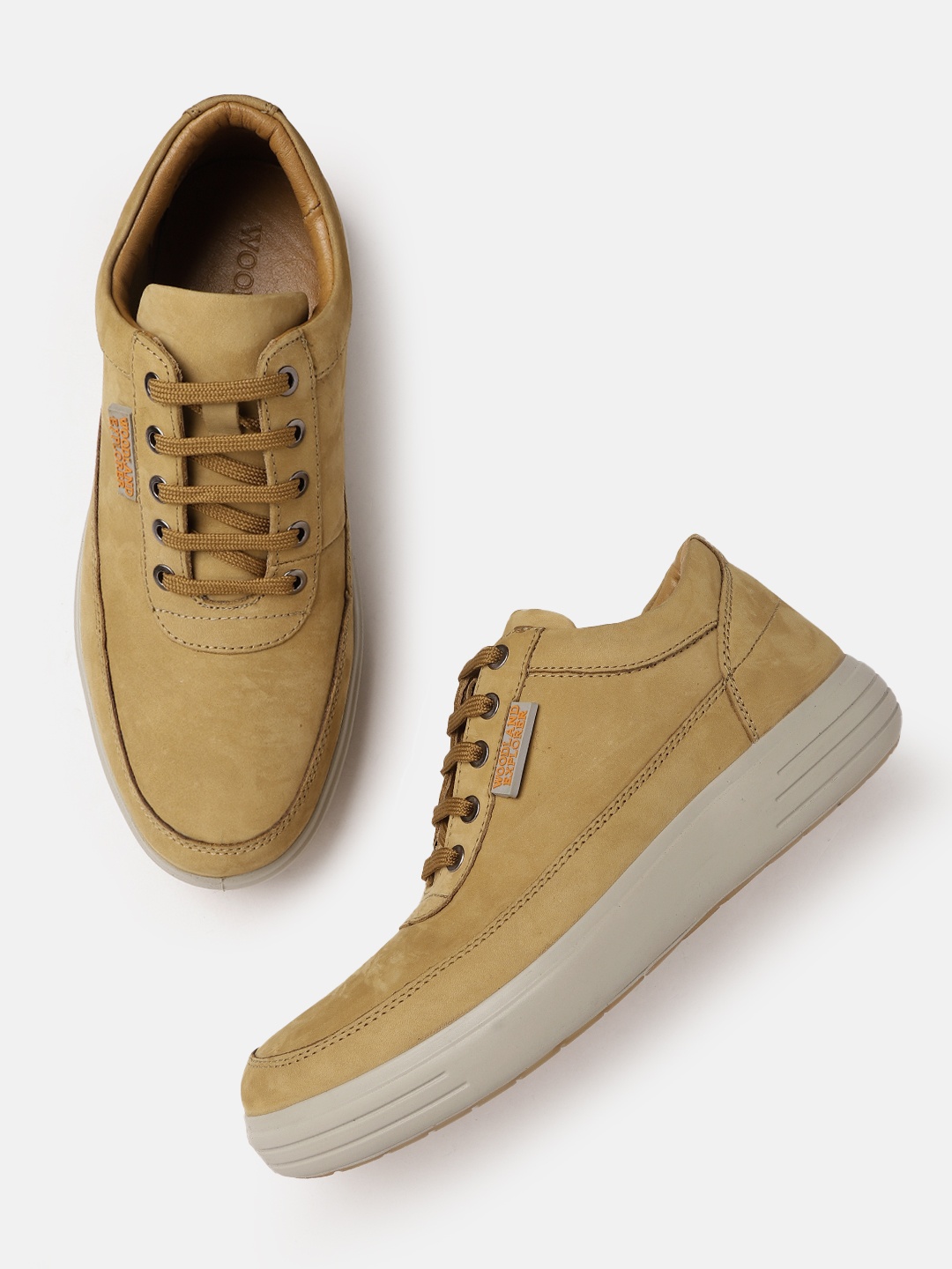 

Woodland Men Round-Toe Leather Derbys, Camel brown