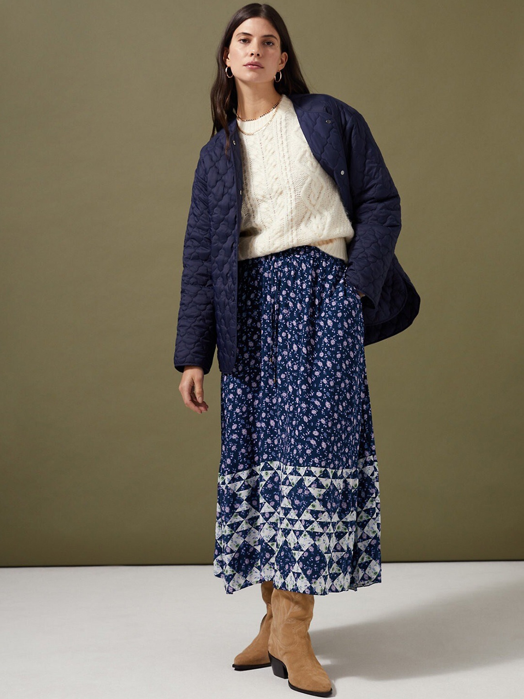 

Marks & Spencer Printed Flared Midi Skirt, Navy blue