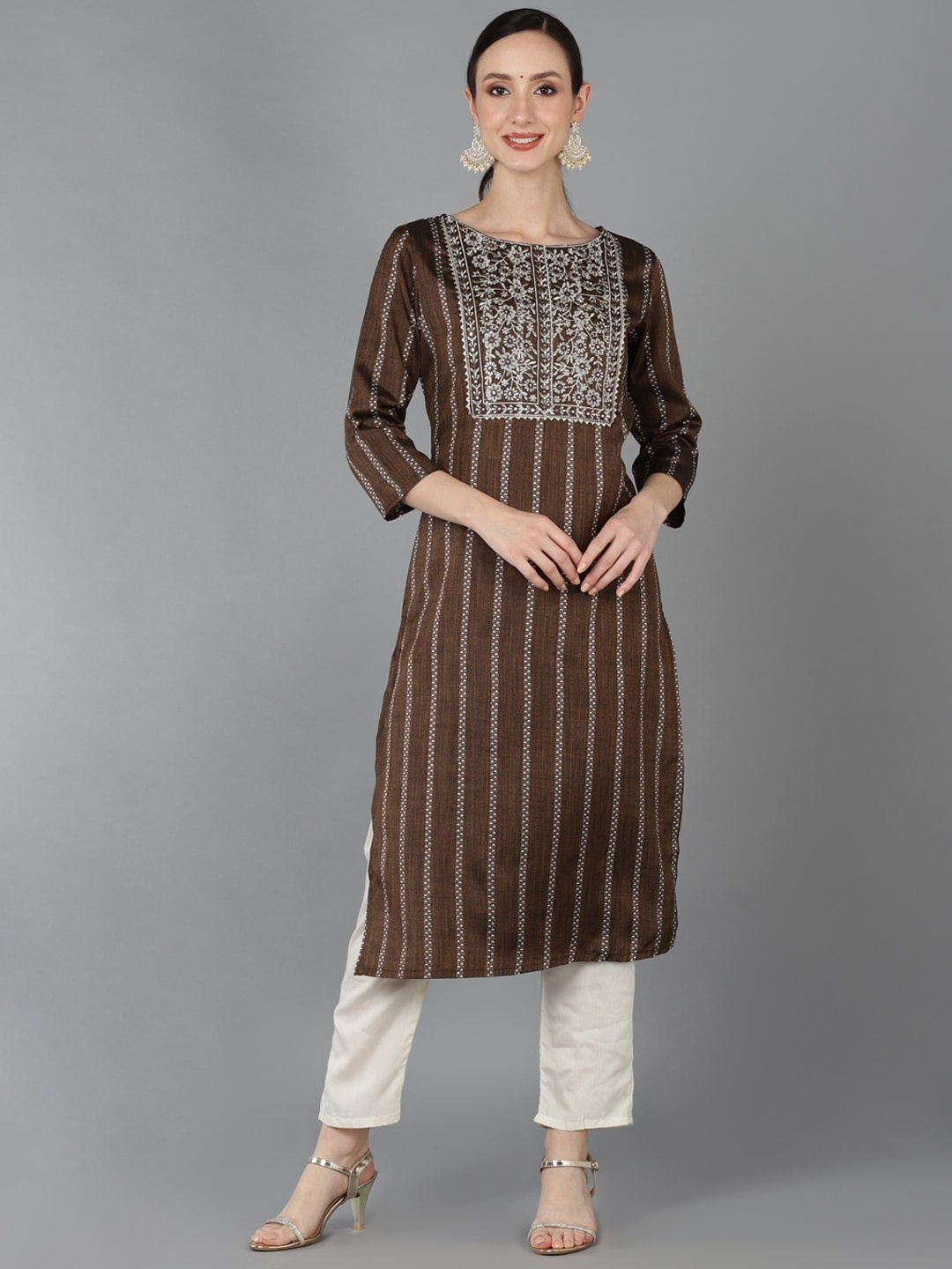 

AHIKA Striped A-Line Calf Length Cotton Kurta, Brown