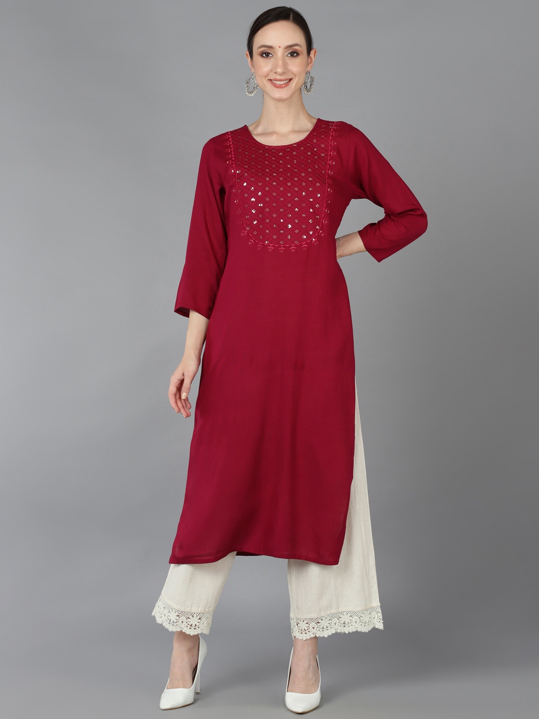 

AHIKA Women Motifs Yoke Design Mirror Work Cotton Kurta, Maroon