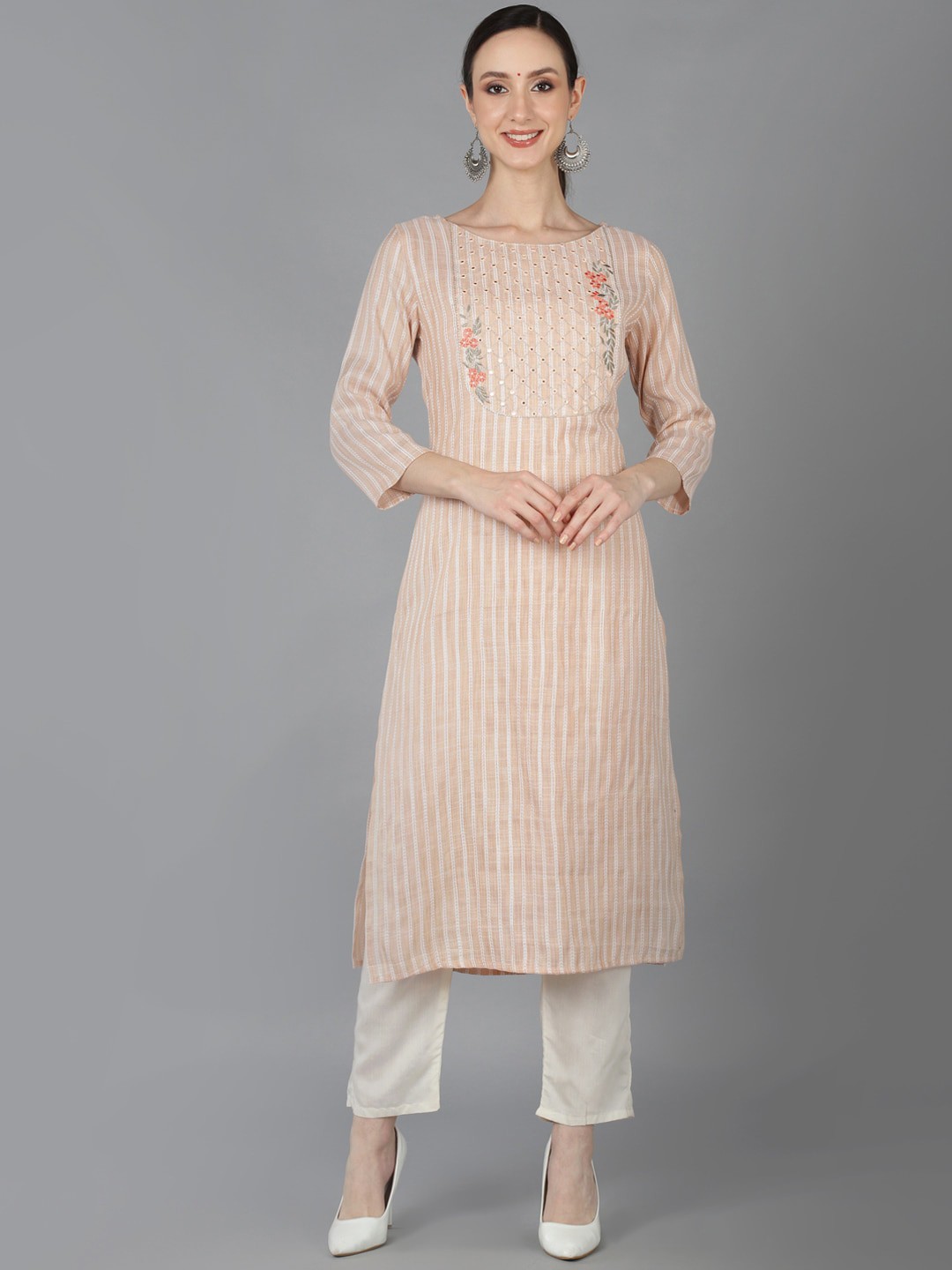 

AHIKA Striped Mirror Work Round Neck Cotton Kurta, Beige