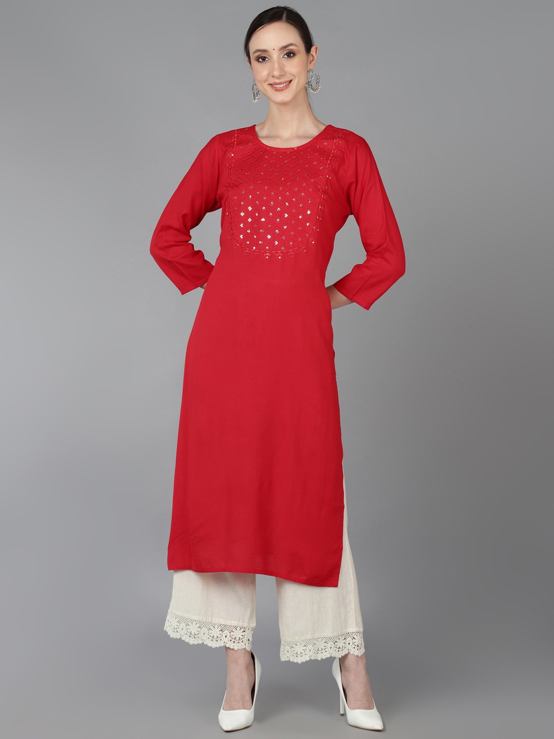 

AHIKA Ethnic Motifs Embroidered Cotton Kurta, Red