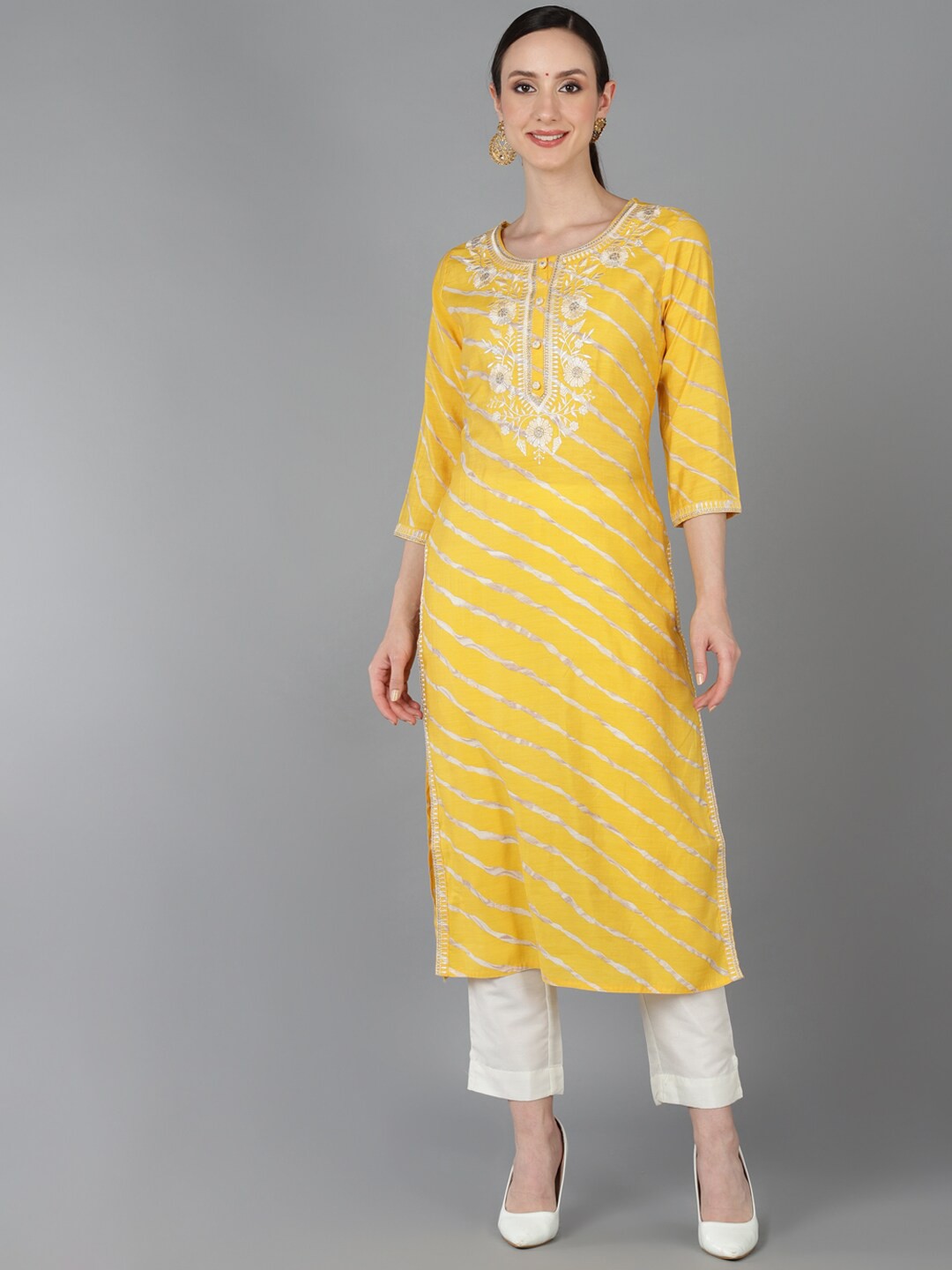 

AHIKA Striped Thread Work Round Neck Straight Regular Kurta, Yellow