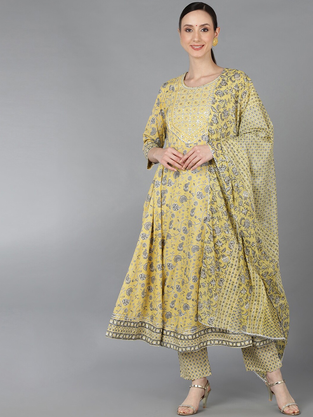 

AHIKA Floral Yoke Design Mirror Work Pure Cotton Kurta with Trousers & With Dupatta, Yellow