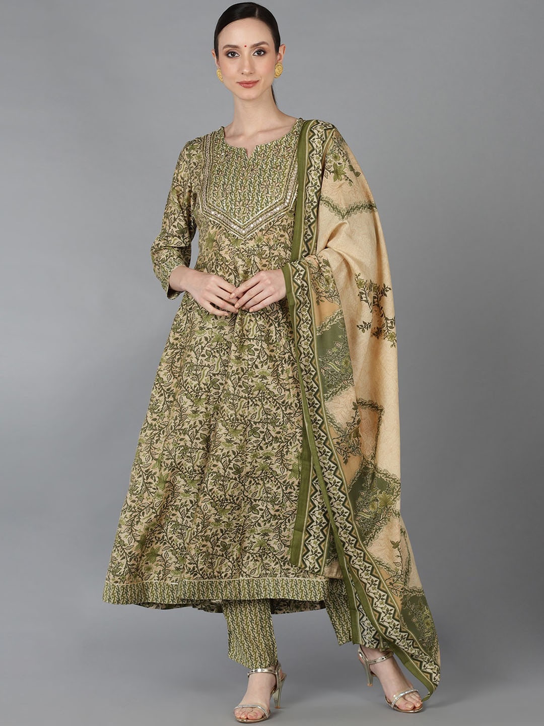 

AHIKA Ethnic Motifs Printed Mirror Work Pure Cotton Kurta with Trousers & With Dupatta, Green