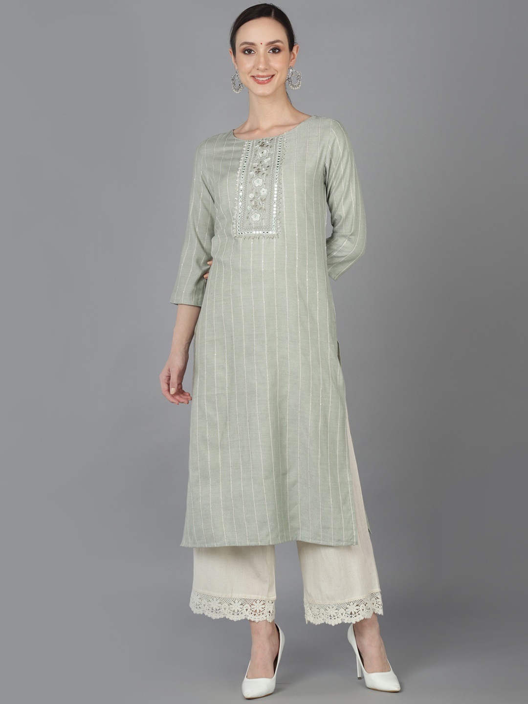 

AHIKA Striped Mirror Work Straight Regular Cotton Kurta, Green
