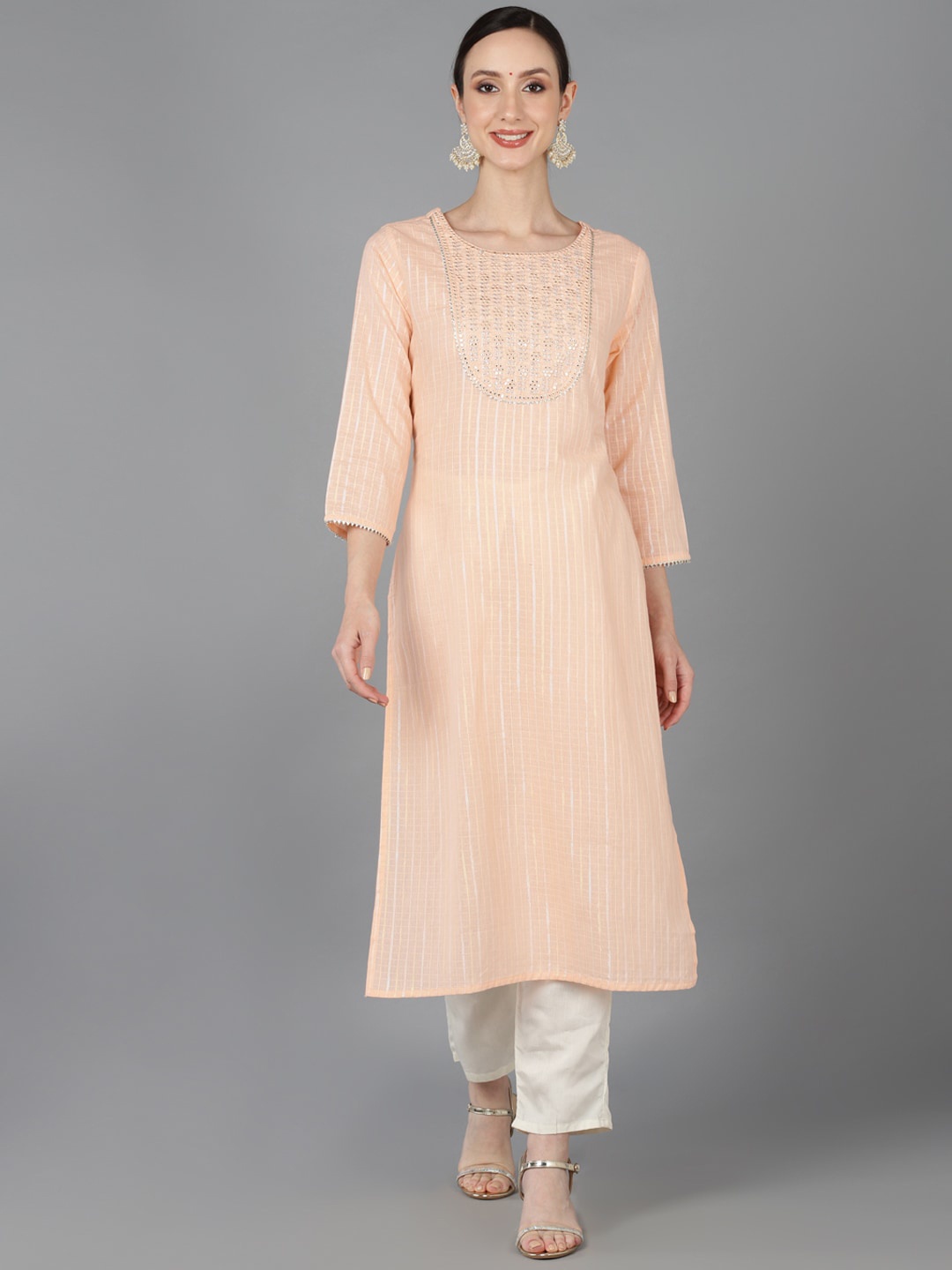 

AHIKA Yoke Design Mukaish Cotton Kurta, Peach