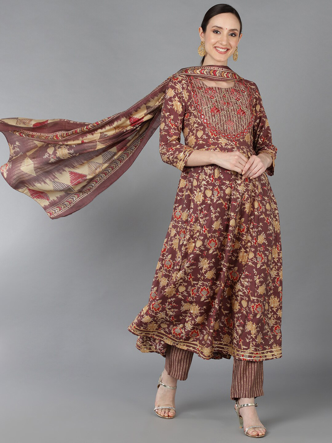 

AHIKA Women Floral Printed Mirror Work Pure Cotton Kurta with Trousers & Dupatta, Brown