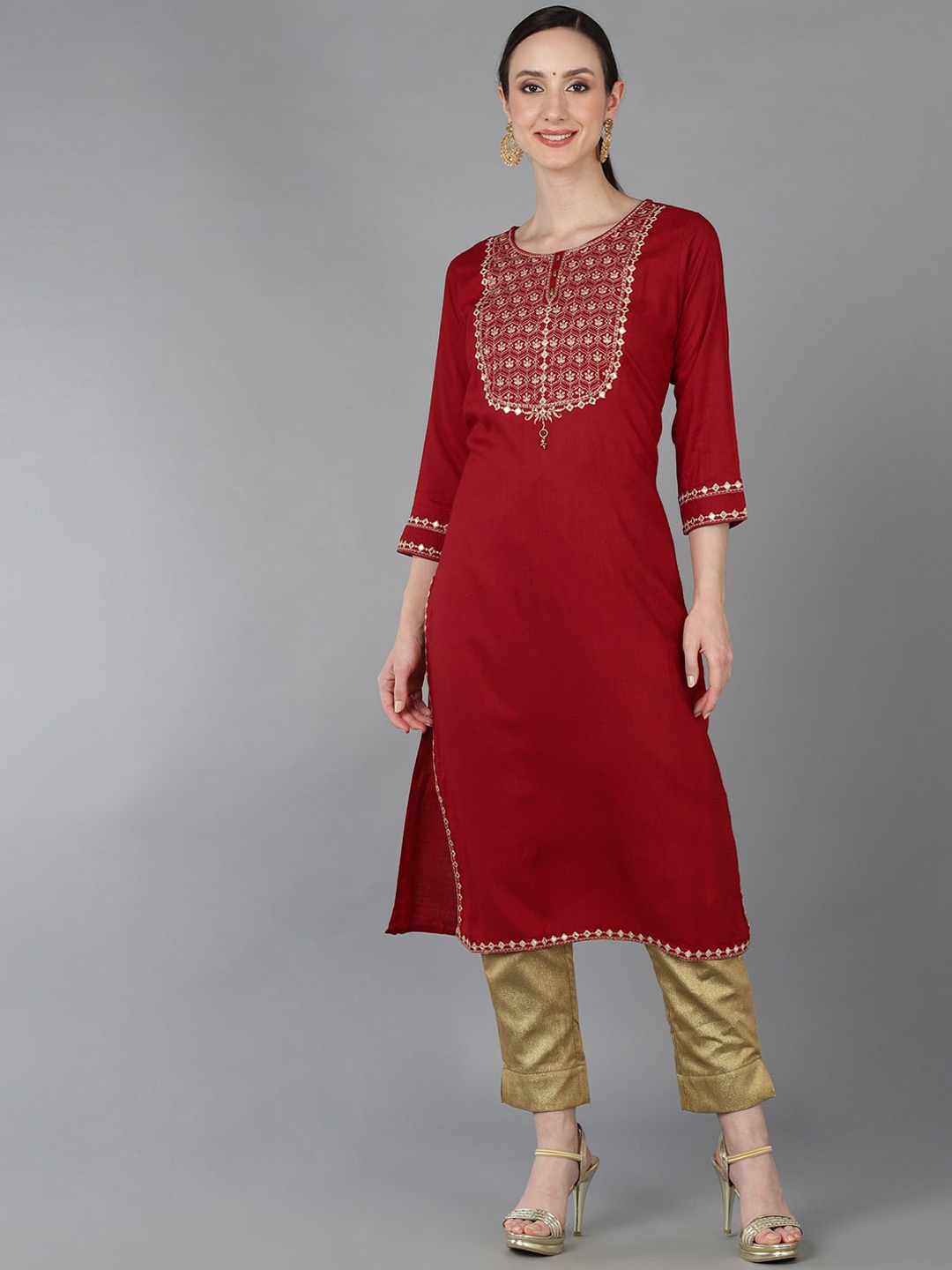 

AHIKA Yoke Design Mirror Work A-Line Panelled Kurta, Red