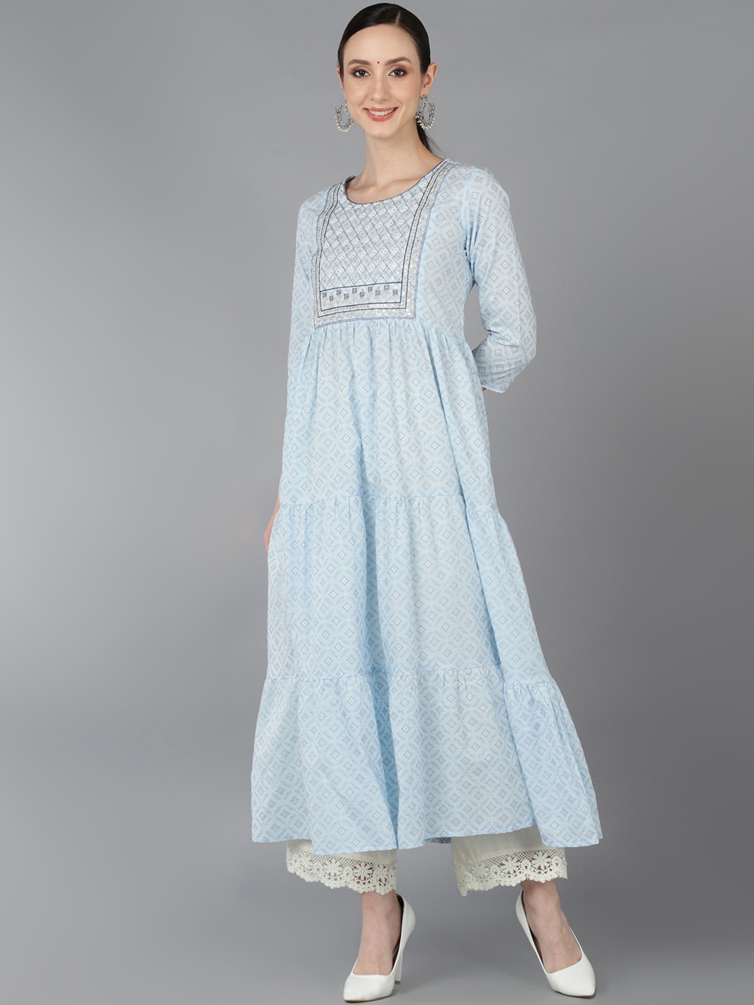 

AHIKA Geometric Printed Tiered Anarkali Pure Cotton Kurta, Blue