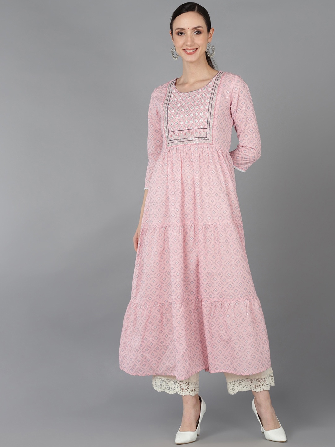 

AHIKA Ethnic Motifs Printed Thread Work Cotton Anarkali Kurta, Pink