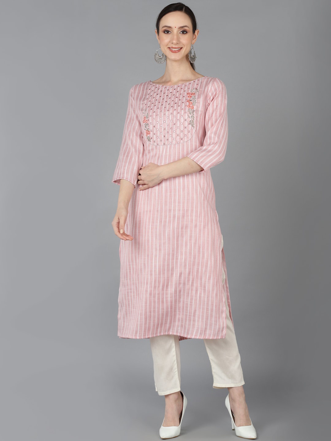 

AHIKA Striped Mirror Work Straight Regular Cotton Kurta, Pink