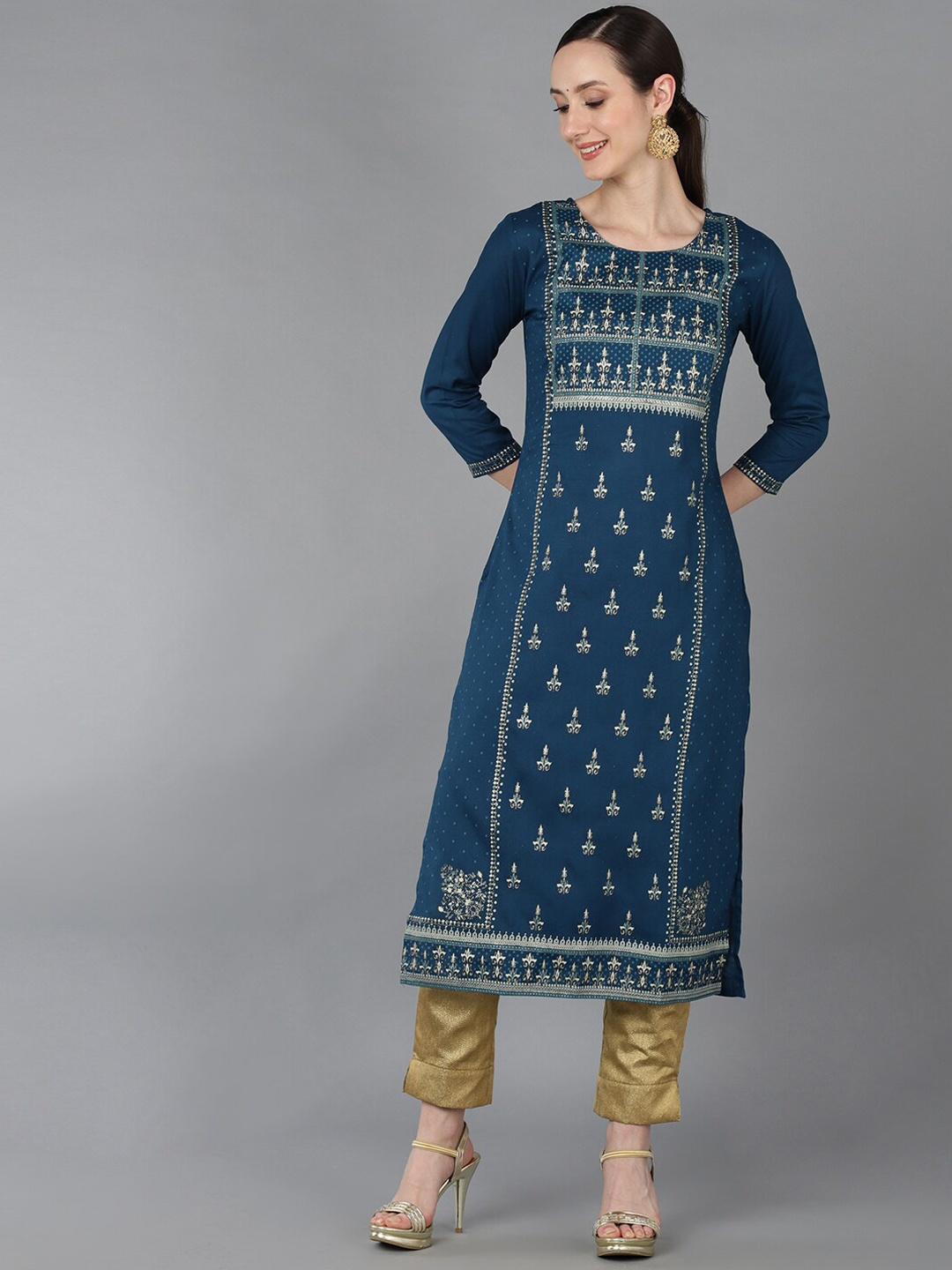 

AHIKA Round Neck Ethnic Motifs Embroidered Kurta, Teal