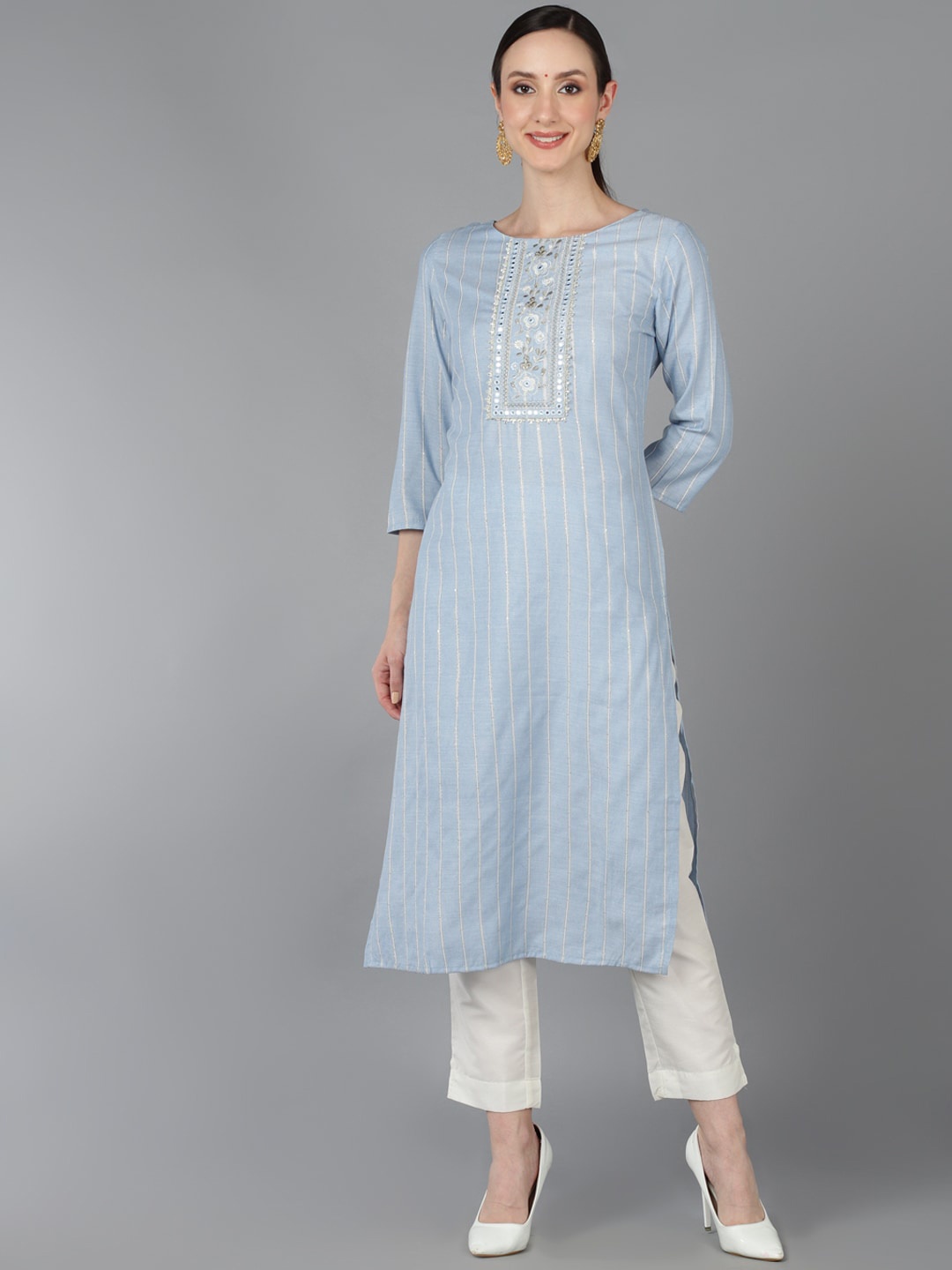 

AHIKA Striped Mirror Work Regular Cotton Kurta, Blue