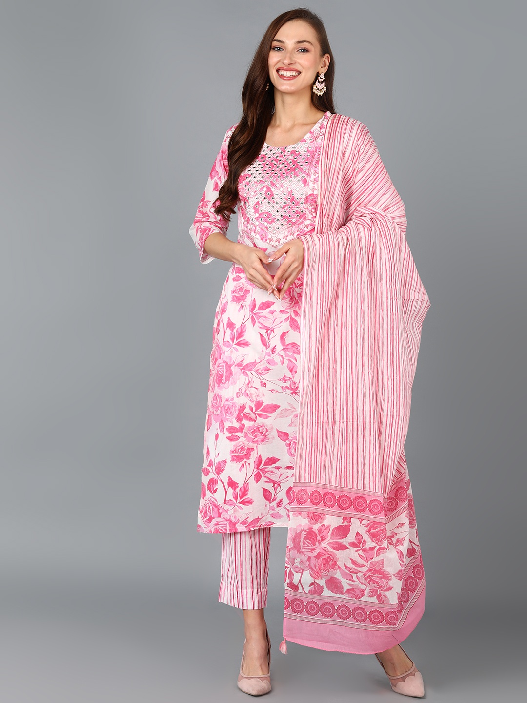 

AHIKA Floral Printed Mirror Work Cotton Blend Kurta with Trousers & With Dupatta, Pink