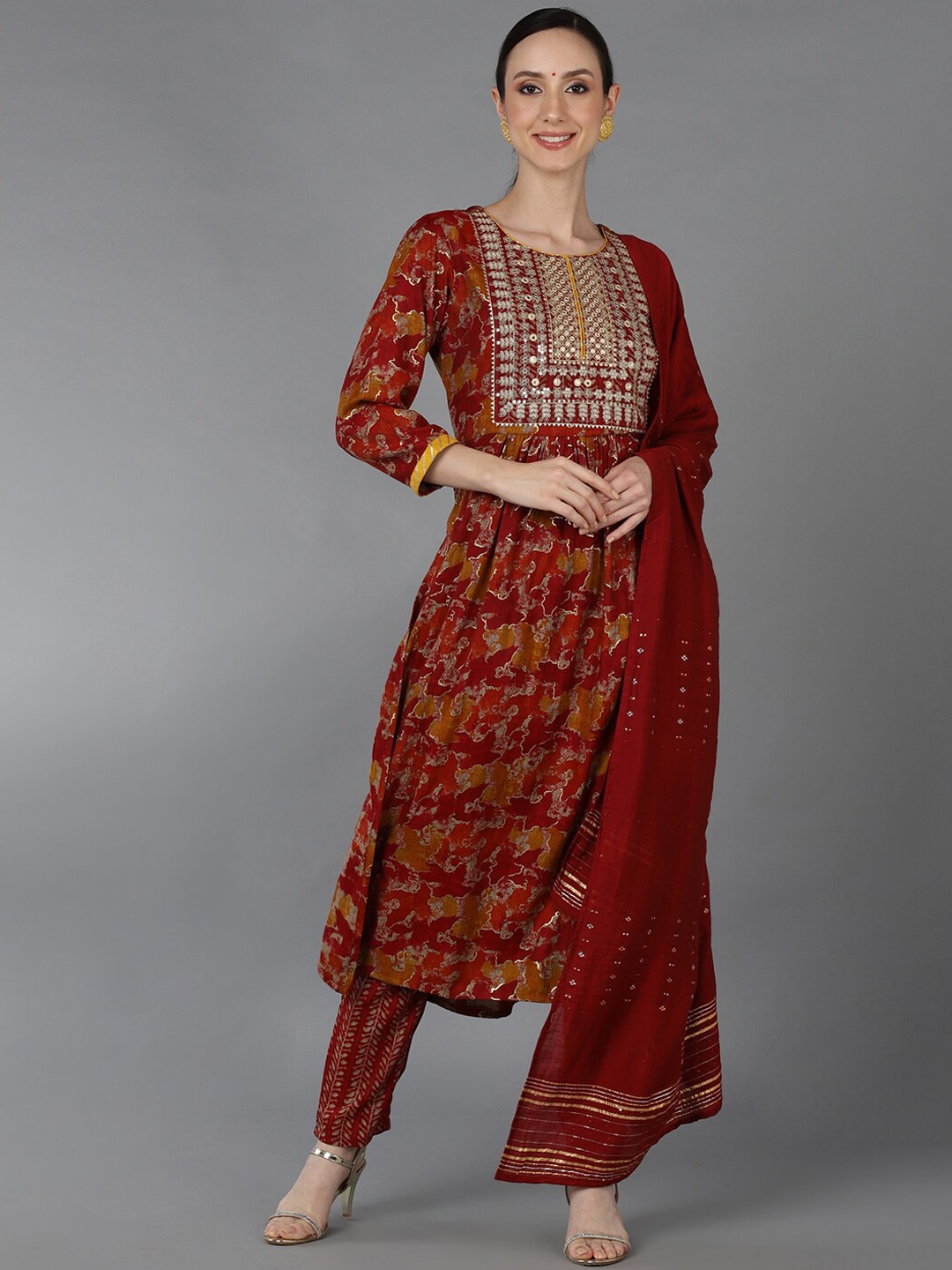 

AHIKA Ethnic Motifs Printed Sequinned Kurta with Trousers & With Dupatta, Red